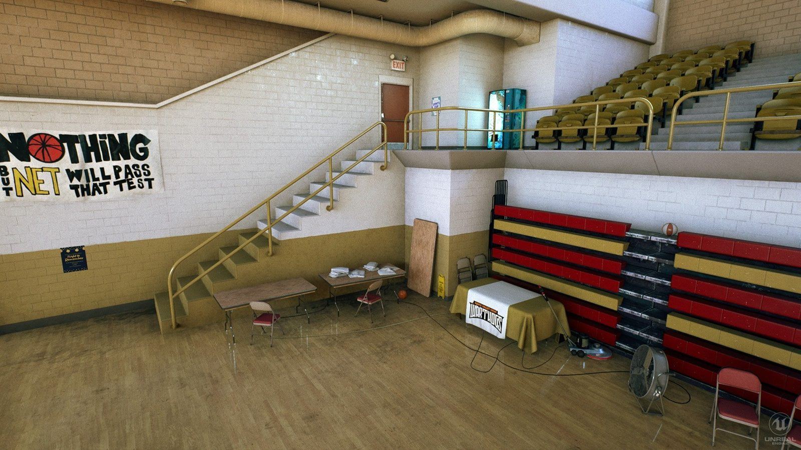 Basketball Court virtual production standing set — angle 2 on the L.A. & ABQ Castle Studios stage