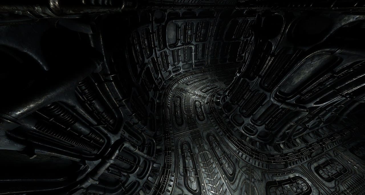 Biomechanical Alien Corridor virtual production standing set — angle 2 on the L.A. & ABQ Castle Studios stage