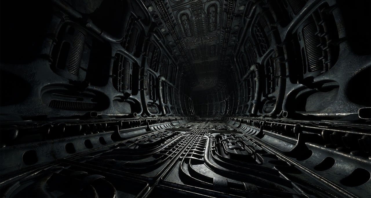 Biomechanical Alien Corridor virtual production standing set — angle 3 on the L.A. & ABQ Castle Studios stage