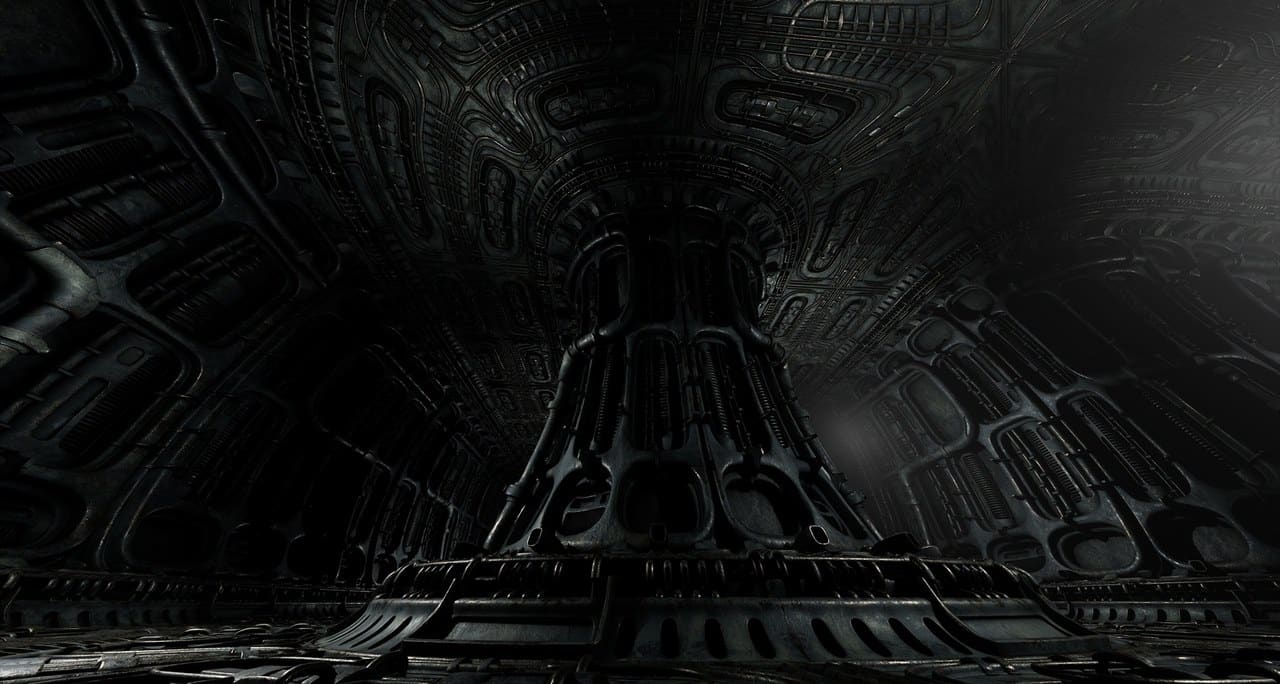 Biomechanical Alien Corridor virtual production standing set — angle 4 on the L.A. & ABQ Castle Studios stage