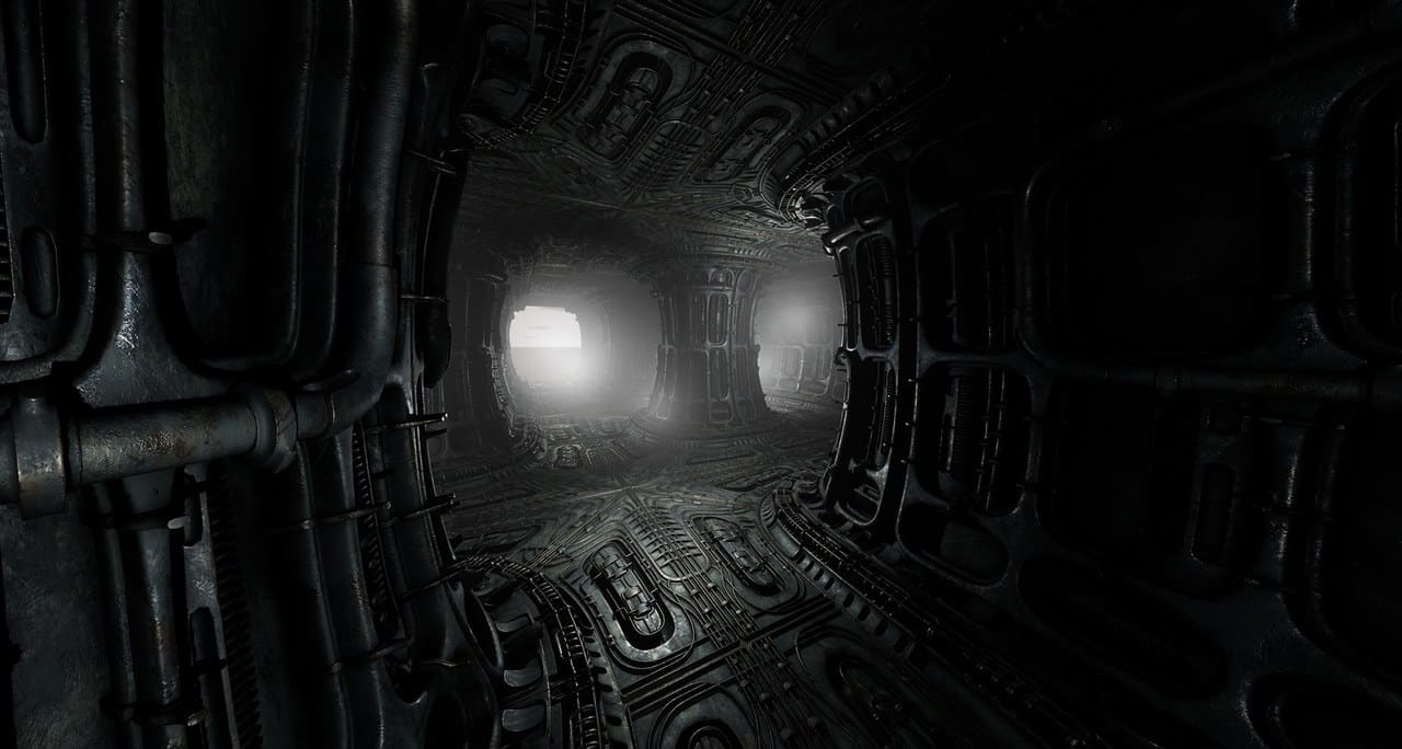 Biomechanical Alien Corridor virtual production standing set — angle 5 on the L.A. & ABQ Castle Studios stage