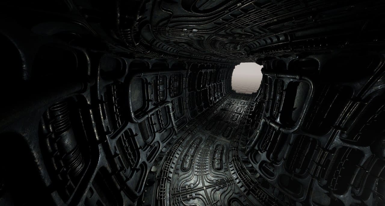 Biomechanical Alien Corridor virtual production standing set — angle 6 on the L.A. & ABQ Castle Studios stage