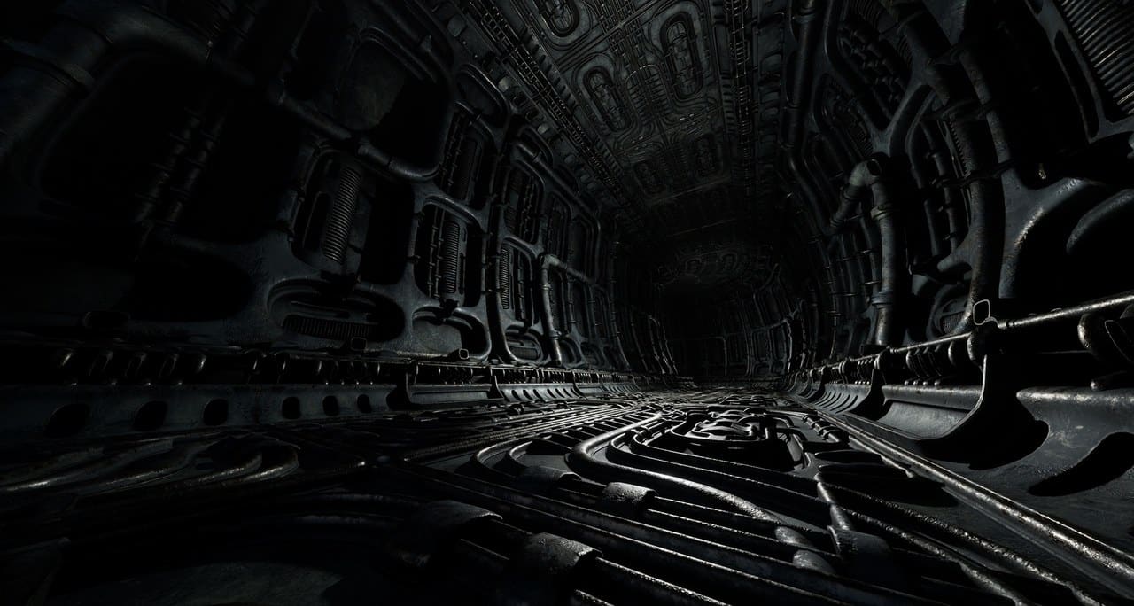 Biomechanical Alien Corridor virtual production standing set — angle 7 on the L.A. & ABQ Castle Studios stage