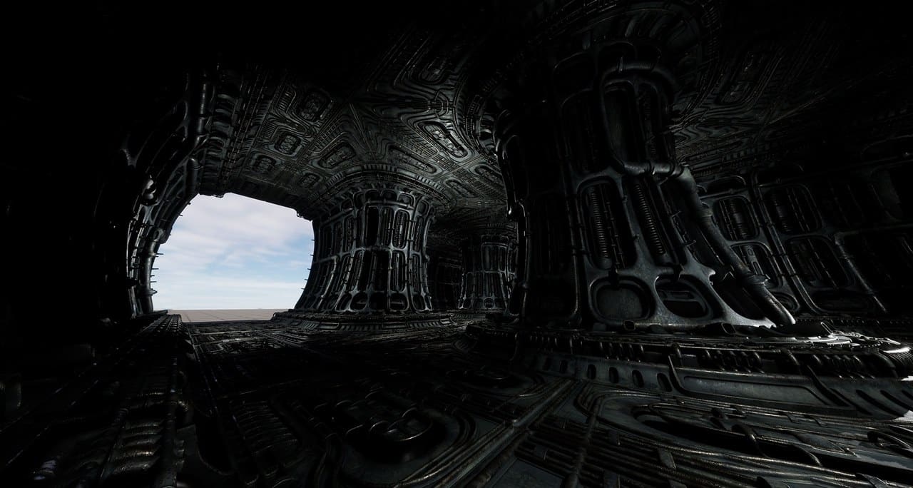 Biomechanical Alien Corridor virtual production standing set — angle 8 on the L.A. & ABQ Castle Studios stage