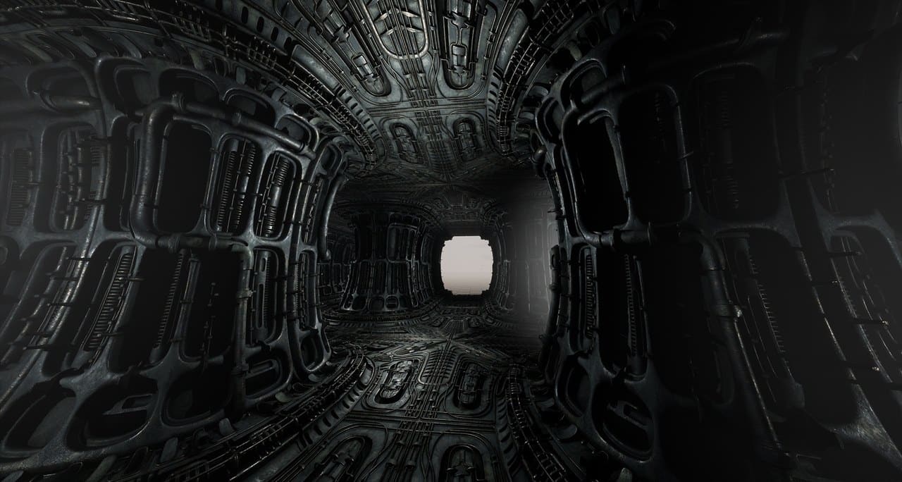 Biomechanical Alien Corridor virtual production standing set — angle 9 on the L.A. & ABQ Castle Studios stage