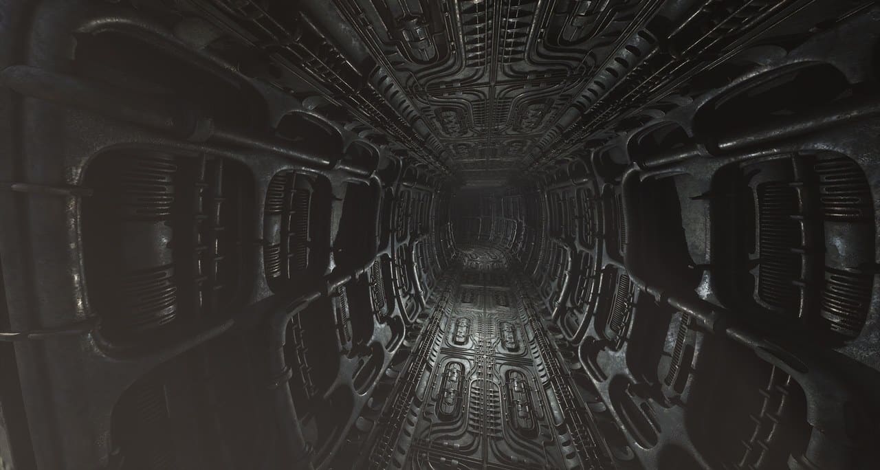 Biomechanical Alien Corridor virtual production standing set — angle 10 on the L.A. & ABQ Castle Studios stage
