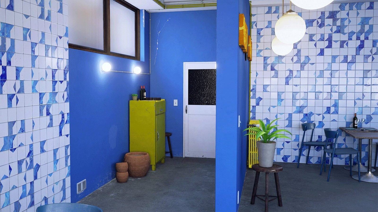 Blue Tile Restaurant virtual production standing set — angle 5 on the L.A. & ABQ Castle Studios stage
