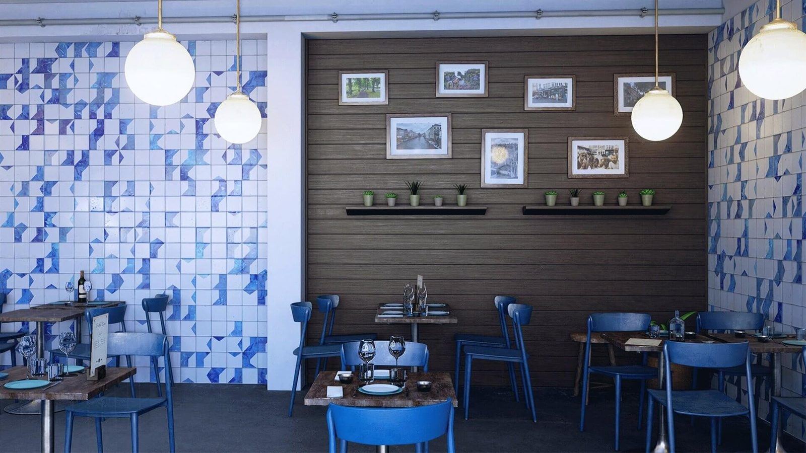 Blue Tile Restaurant virtual production standing set — angle 8 on the L.A. & ABQ Castle Studios stage