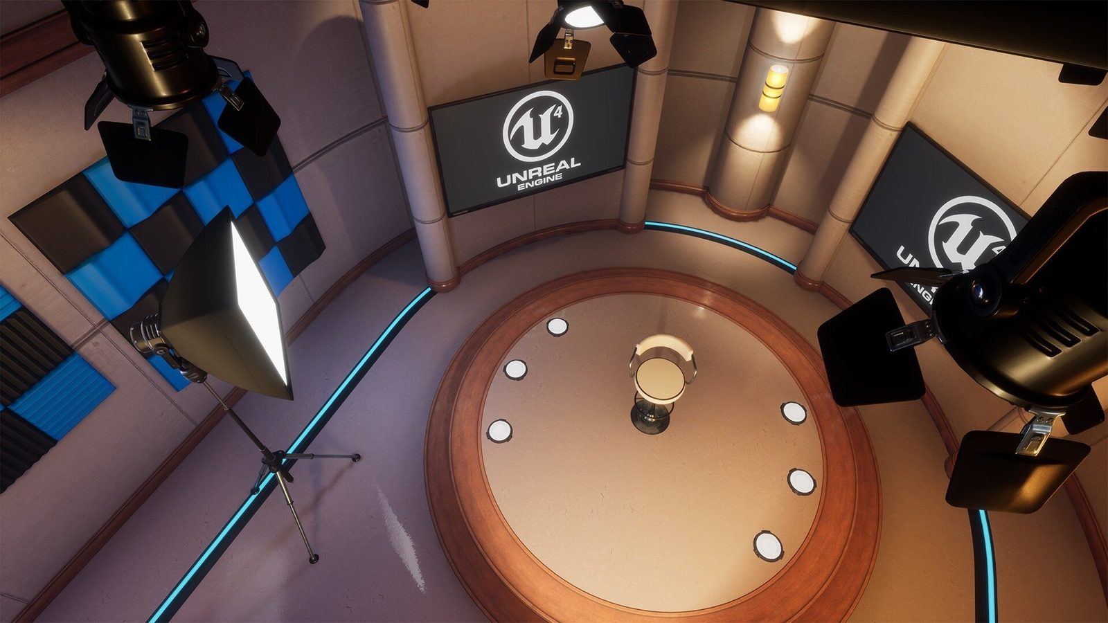 Broadcast Studio virtual production standing set — angle 2 on the L.A. & ABQ Castle Studios stage