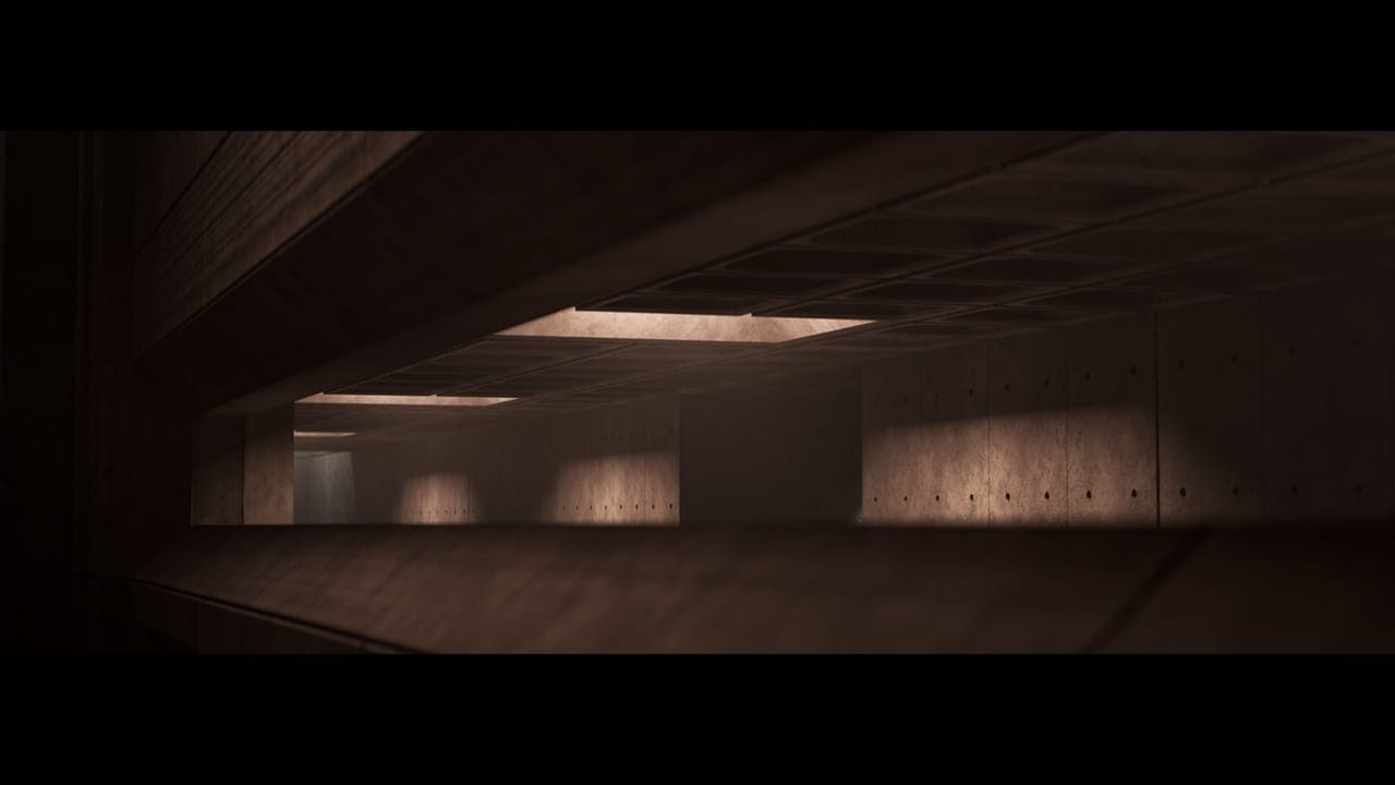 Brutalist Facility virtual production standing set — angle 6 on the L.A. & ABQ Castle Studios stage