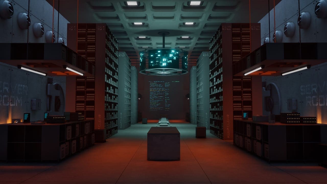 Brutalist Sci-Fi Lab virtual production standing set — angle 2 on the L.A. & ABQ Castle Studios stage