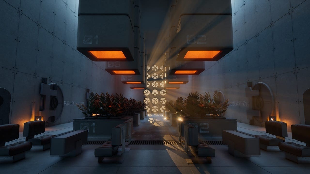 Brutalist Sci-Fi Lab virtual production standing set — angle 3 on the L.A. & ABQ Castle Studios stage