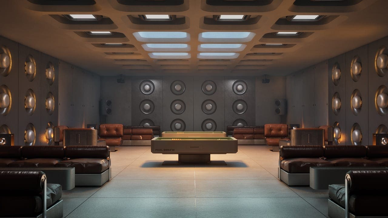 Brutalist Sci-Fi Lab virtual production standing set — angle 4 on the L.A. & ABQ Castle Studios stage