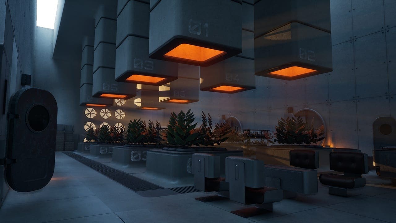 Brutalist Sci-Fi Lab virtual production standing set — angle 5 on the L.A. & ABQ Castle Studios stage