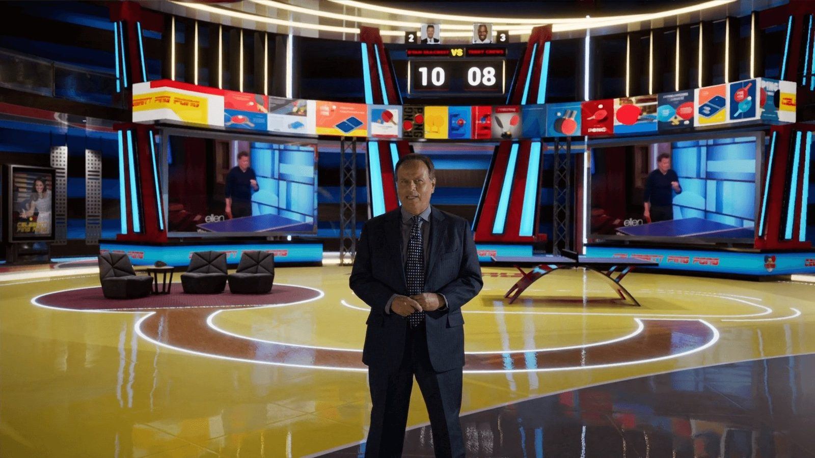 Celebrity Ping Pong virtual production standing set — angle 2 on the L.A. & ABQ Castle Studios stage
