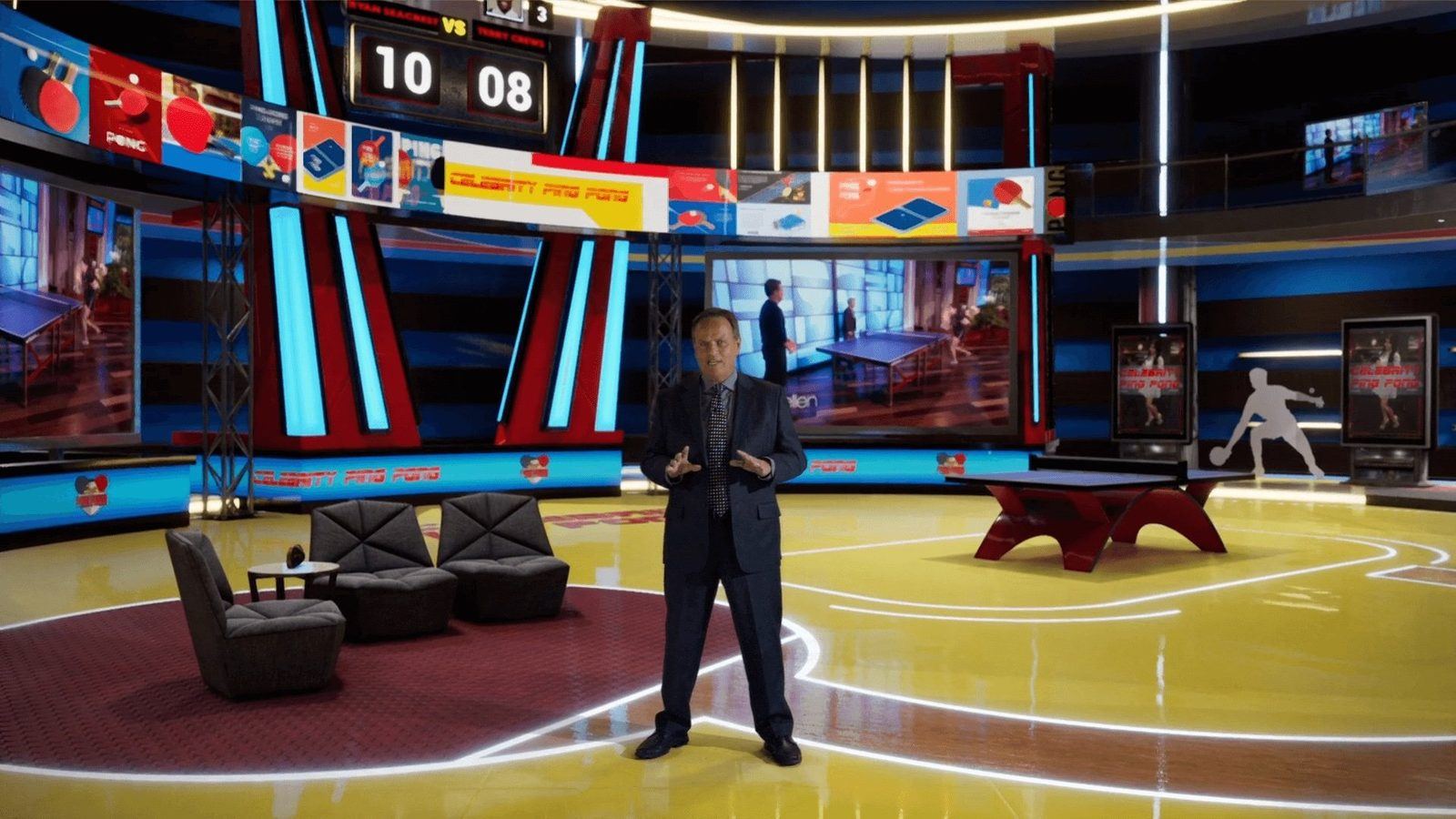 Celebrity Ping Pong virtual production standing set — angle 3 on the L.A. & ABQ Castle Studios stage