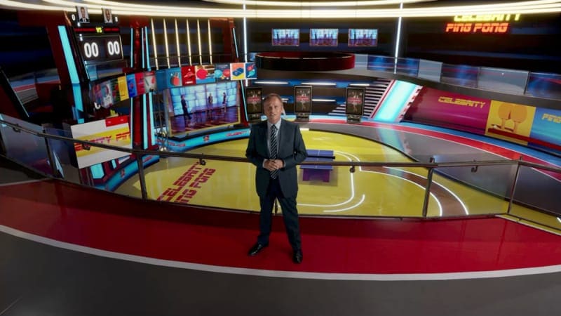Celebrity Ping Pong virtual production standing set — angle 6 on the L.A. & ABQ Castle Studios stage
