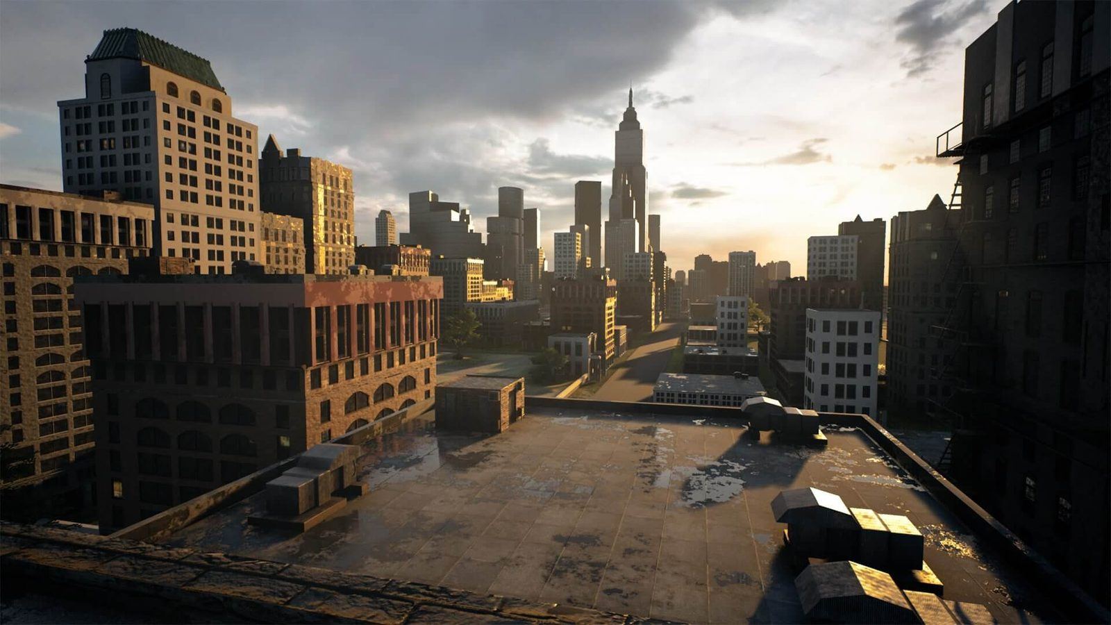 City Buildings virtual production standing set — angle 2 on the L.A. & ABQ Castle Studios stage