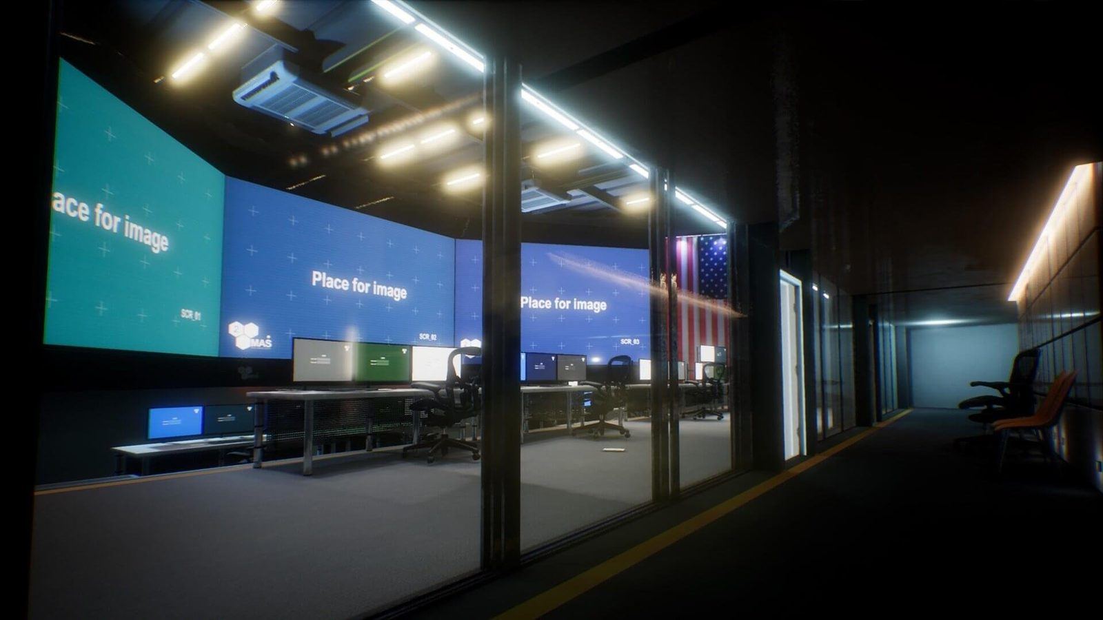 Command Center virtual production standing set — angle 6 on the L.A. & ABQ Castle Studios stage