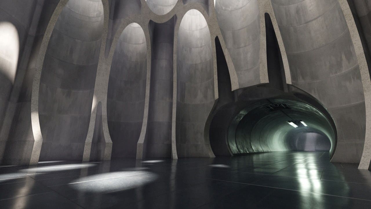 Concrete Sci-Fi Bunker virtual production standing set — angle 2 on the L.A. & ABQ Castle Studios stage