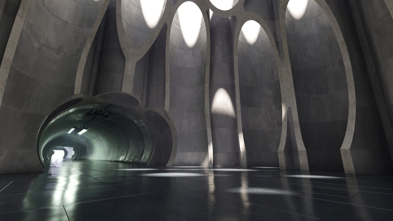 Concrete Sci-Fi Bunker virtual production standing set — angle 14 on the L.A. & ABQ Castle Studios stage