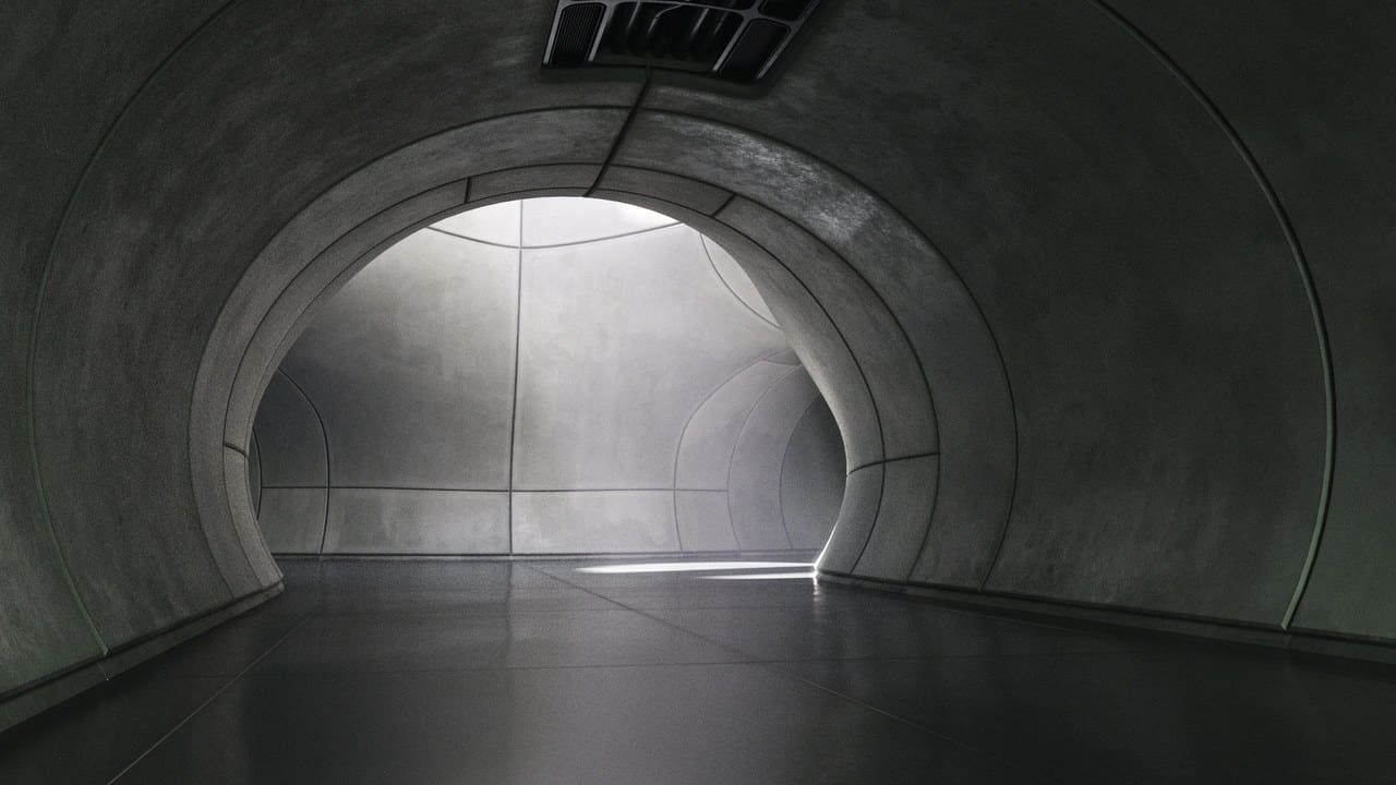 Concrete Sci-Fi Bunker virtual production standing set — angle 7 on the L.A. & ABQ Castle Studios stage
