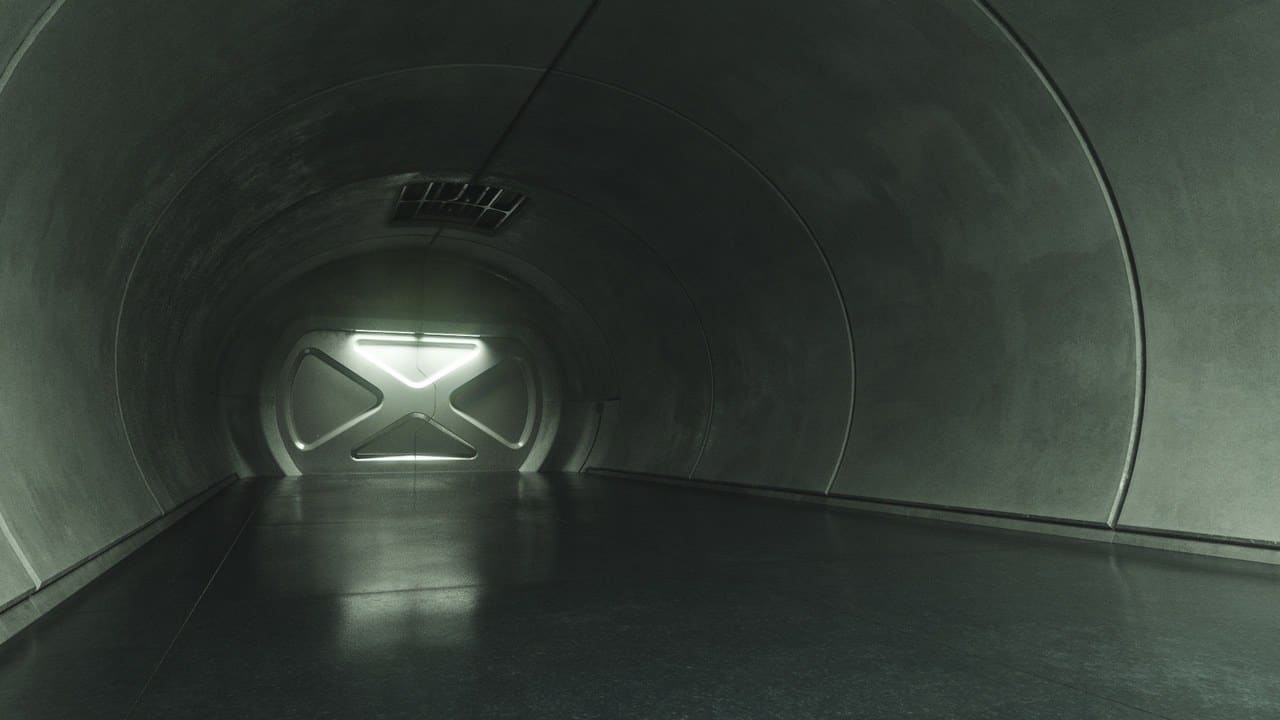 Concrete Sci-Fi Bunker virtual production standing set — angle 8 on the L.A. & ABQ Castle Studios stage