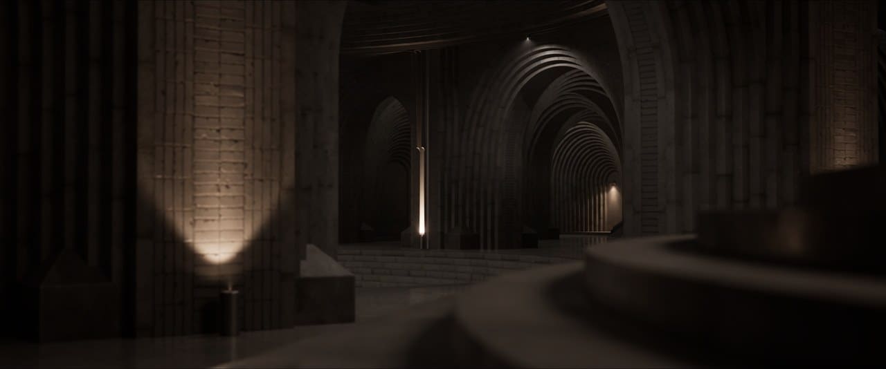 Concrete Throne Room virtual production standing set — angle 3 on the L.A. & ABQ Castle Studios stage