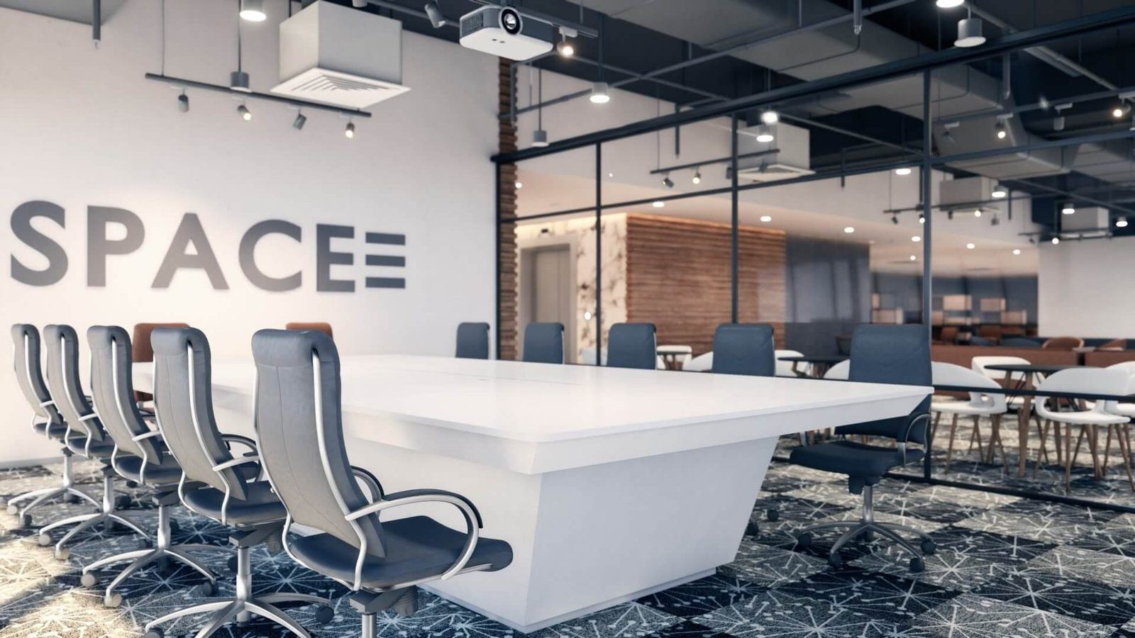 Corporate Office virtual standing set — sleek conference room with white table, gray executive chairs, and SPACE logo on a glass-walled lounge