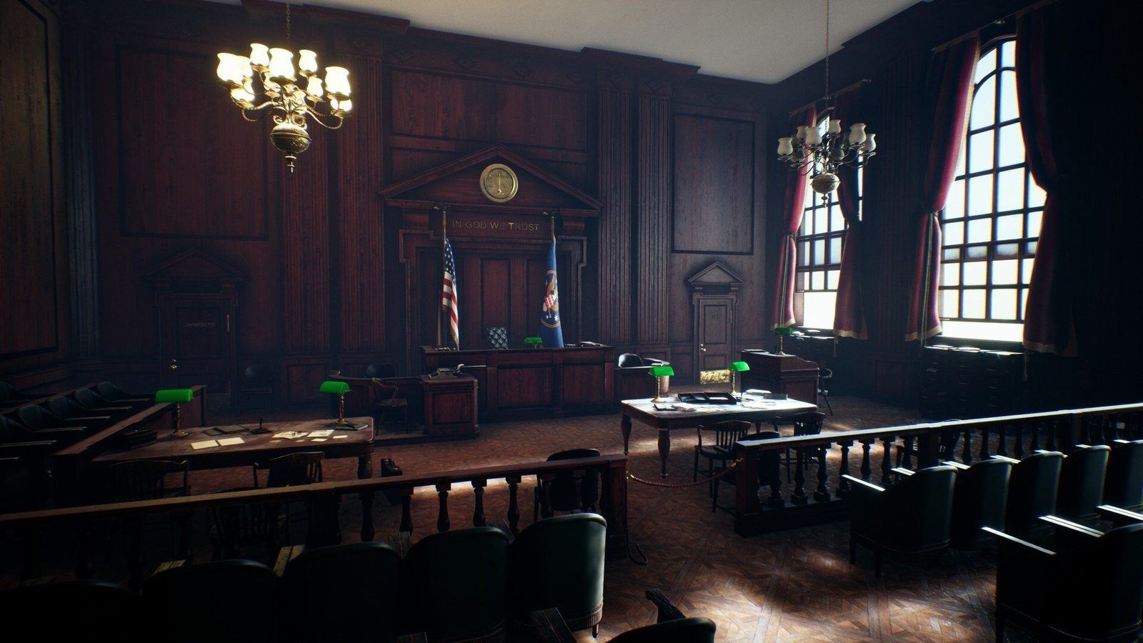Courtroom virtual production standing set — angle 2 on the L.A. & ABQ Castle Studios stage