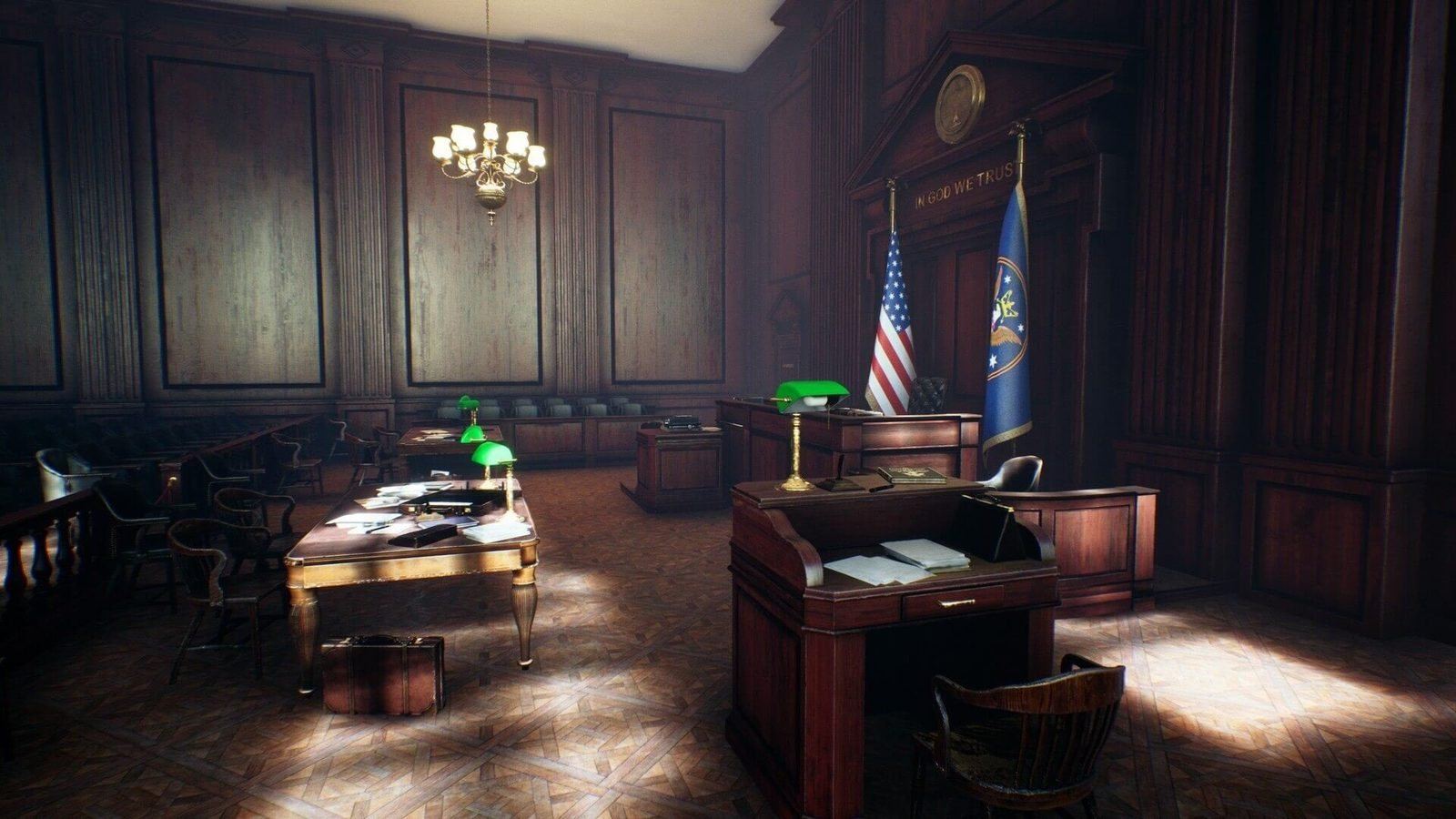 Courtroom virtual production standing set — angle 11 on the L.A. & ABQ Castle Studios stage