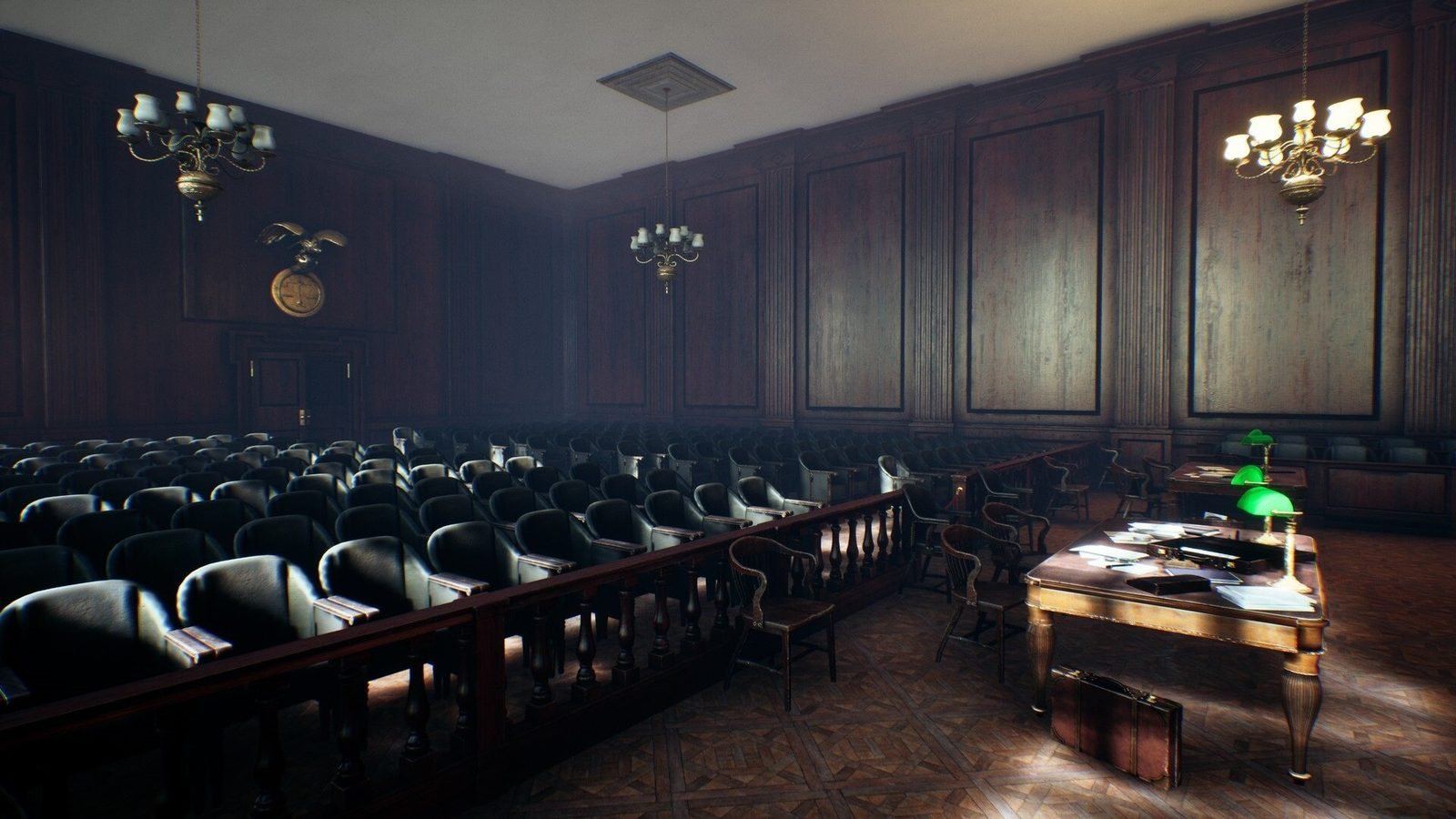 Courtroom virtual production standing set — angle 12 on the L.A. & ABQ Castle Studios stage