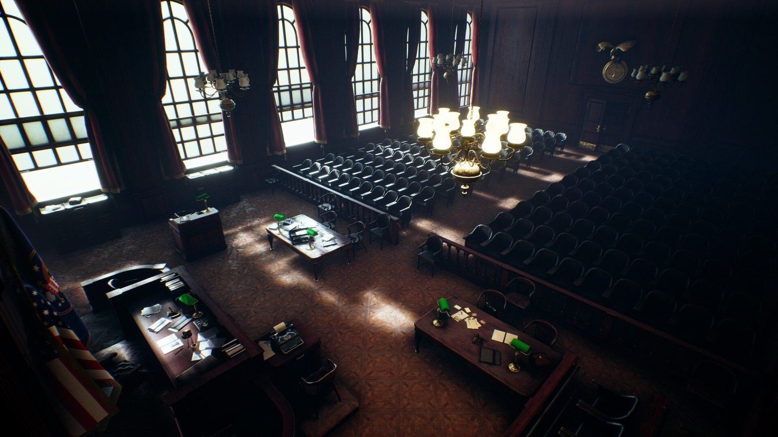 Courtroom virtual production standing set — angle 13 on the L.A. & ABQ Castle Studios stage