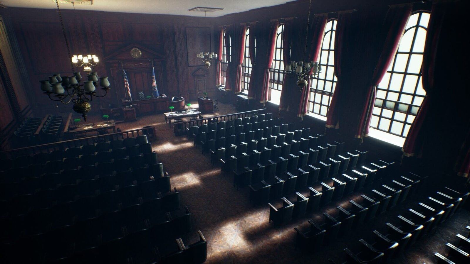 Courtroom virtual production standing set — angle 14 on the L.A. & ABQ Castle Studios stage