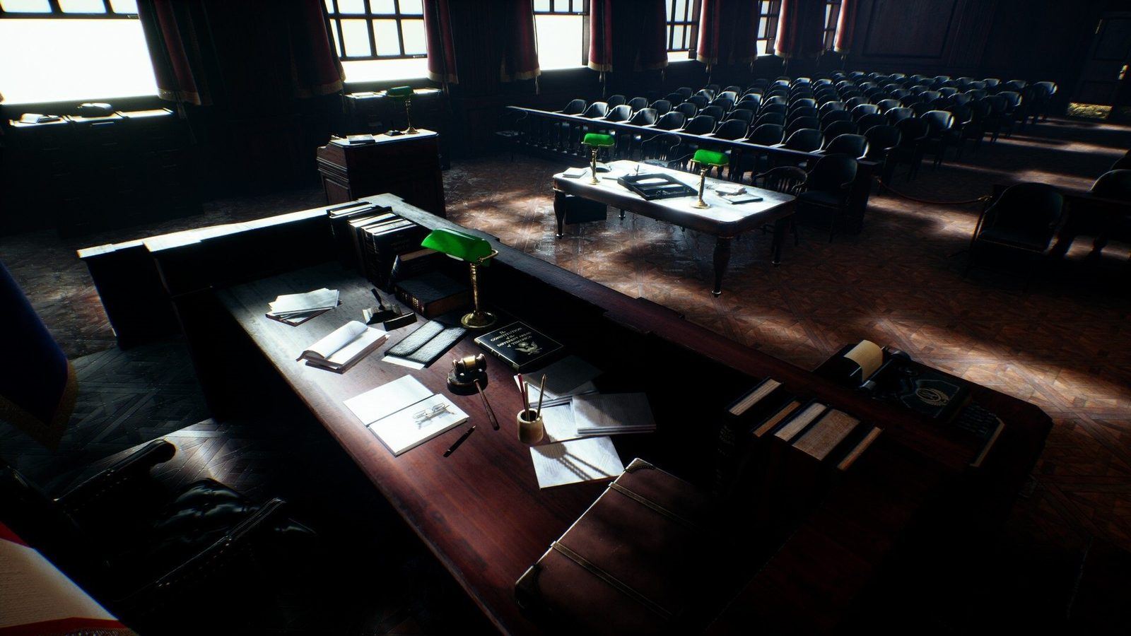 Courtroom virtual production standing set — angle 3 on the L.A. & ABQ Castle Studios stage