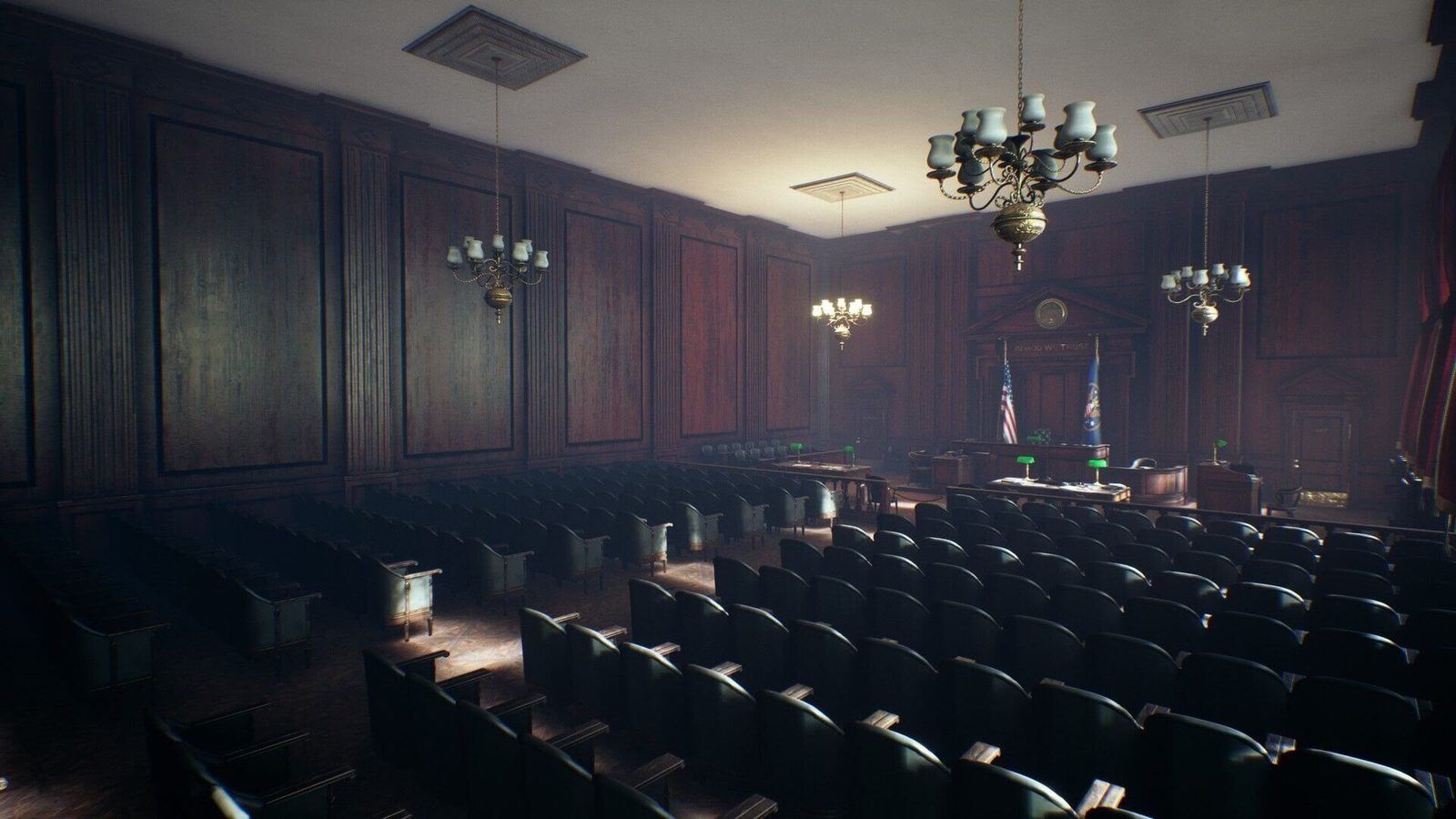 Courtroom virtual production standing set — angle 4 on the L.A. & ABQ Castle Studios stage