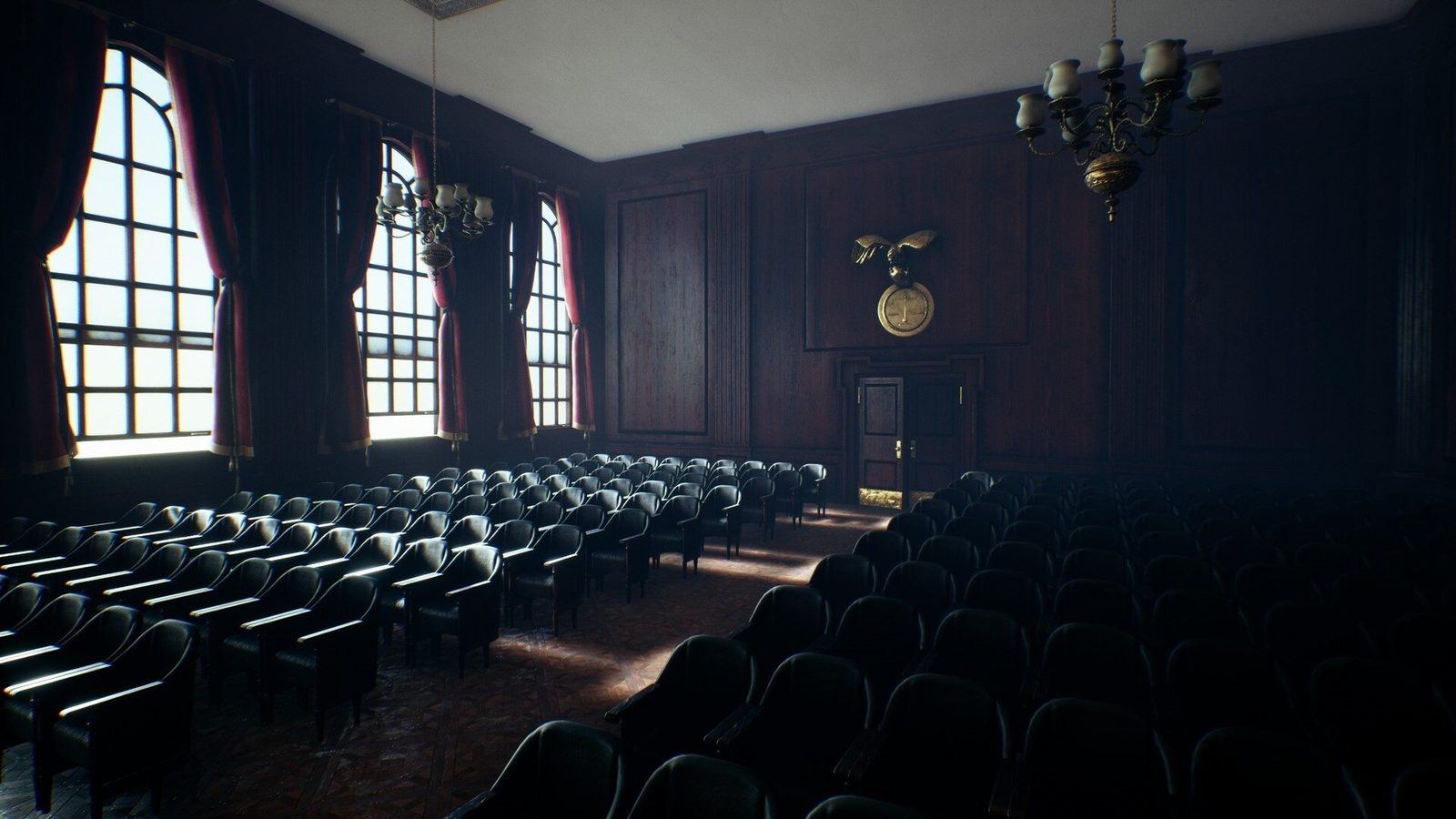 Courtroom virtual production standing set — angle 5 on the L.A. & ABQ Castle Studios stage