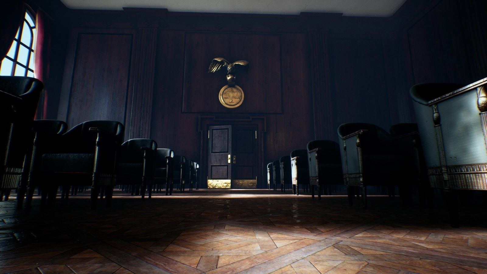 Courtroom virtual production standing set — angle 6 on the L.A. & ABQ Castle Studios stage