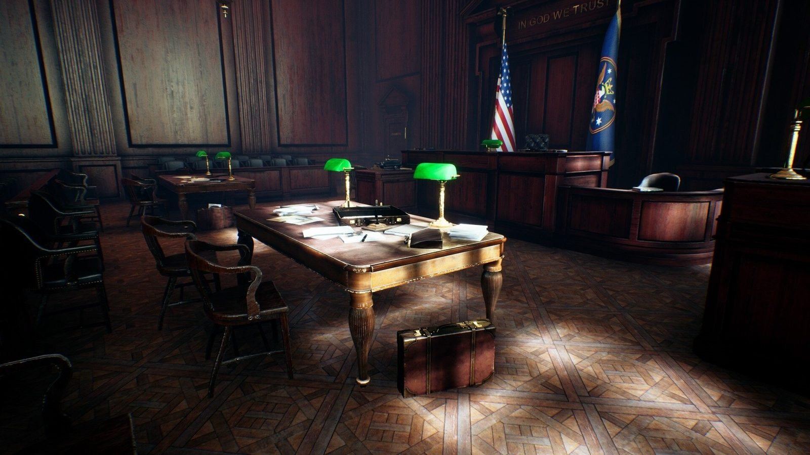Courtroom virtual production standing set — angle 10 on the L.A. & ABQ Castle Studios stage