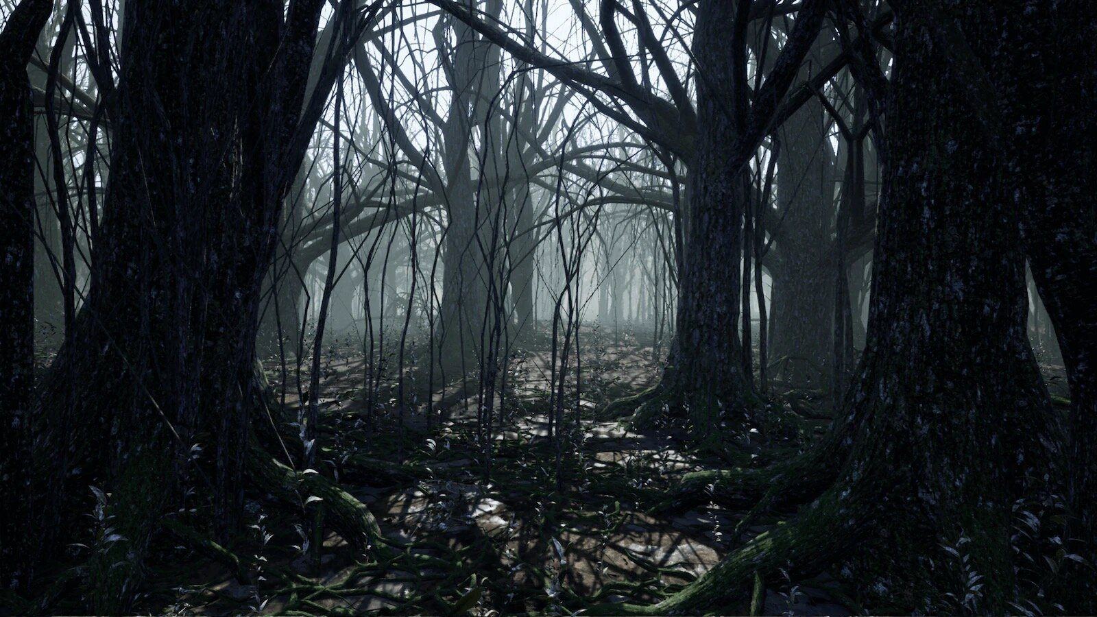 Dark Forest and Cabin virtual production standing set — angle 5 on the L.A. & ABQ Castle Studios stage