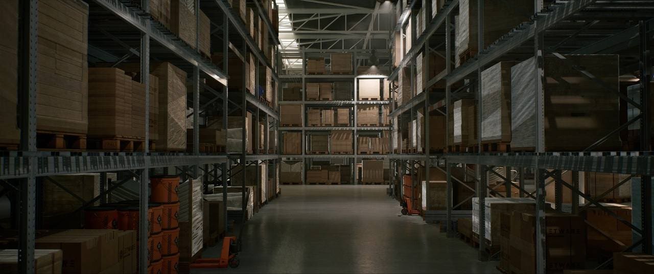Distribution Warehouse virtual production standing set — angle 2 on the L.A. & ABQ Castle Studios stage