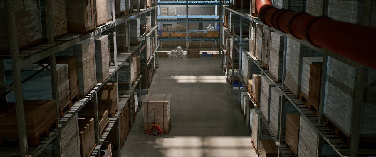 Distribution Warehouse virtual production standing set — angle 3 on the L.A. & ABQ Castle Studios stage
