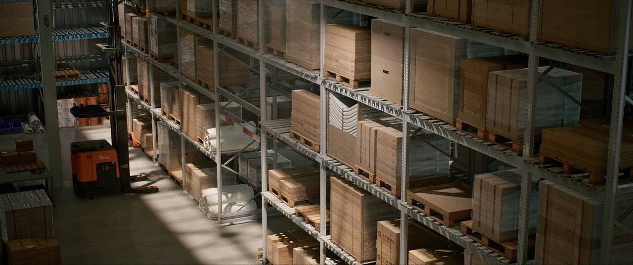 Distribution Warehouse virtual production standing set — angle 4 on the L.A. & ABQ Castle Studios stage