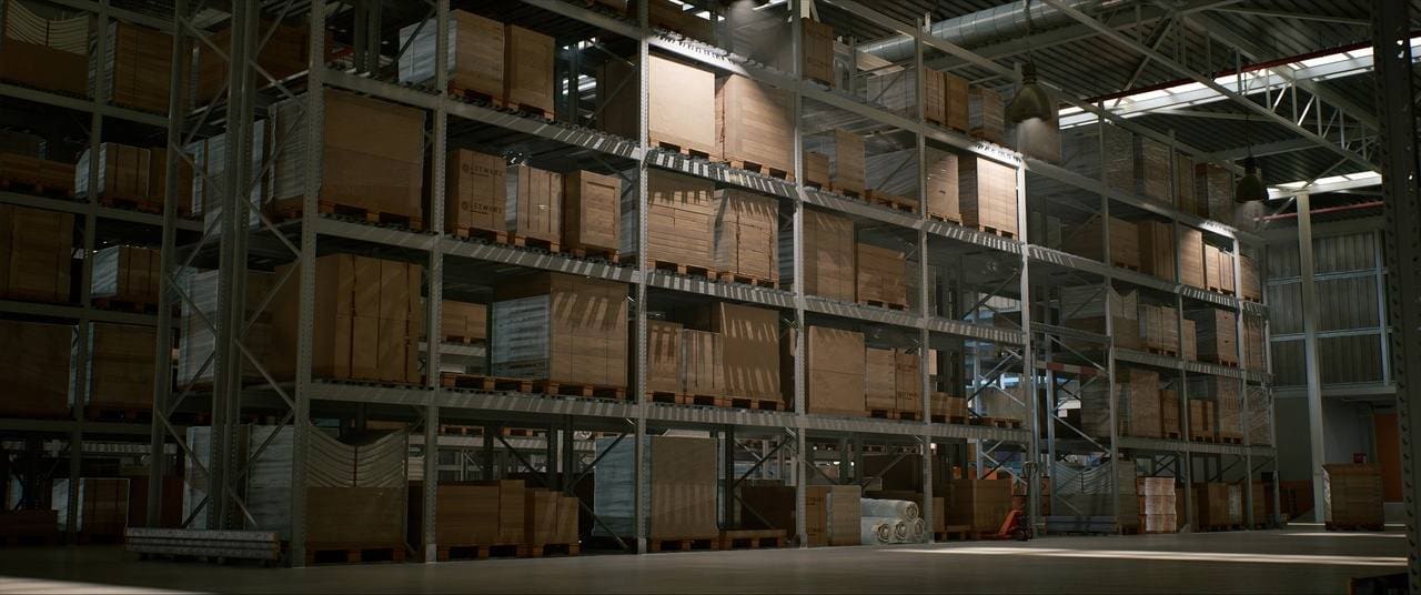 Distribution Warehouse virtual production standing set — angle 5 on the L.A. & ABQ Castle Studios stage