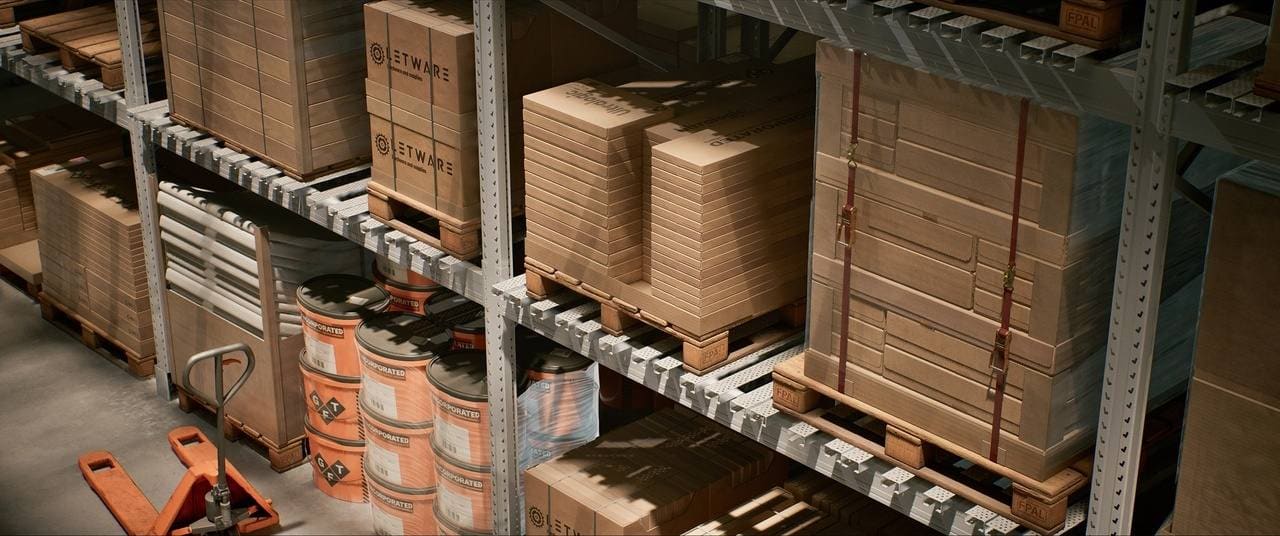 Distribution Warehouse virtual production standing set — angle 6 on the L.A. & ABQ Castle Studios stage