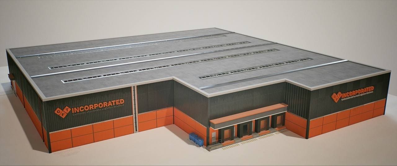 Distribution Warehouse virtual production standing set — angle 7 on the L.A. & ABQ Castle Studios stage