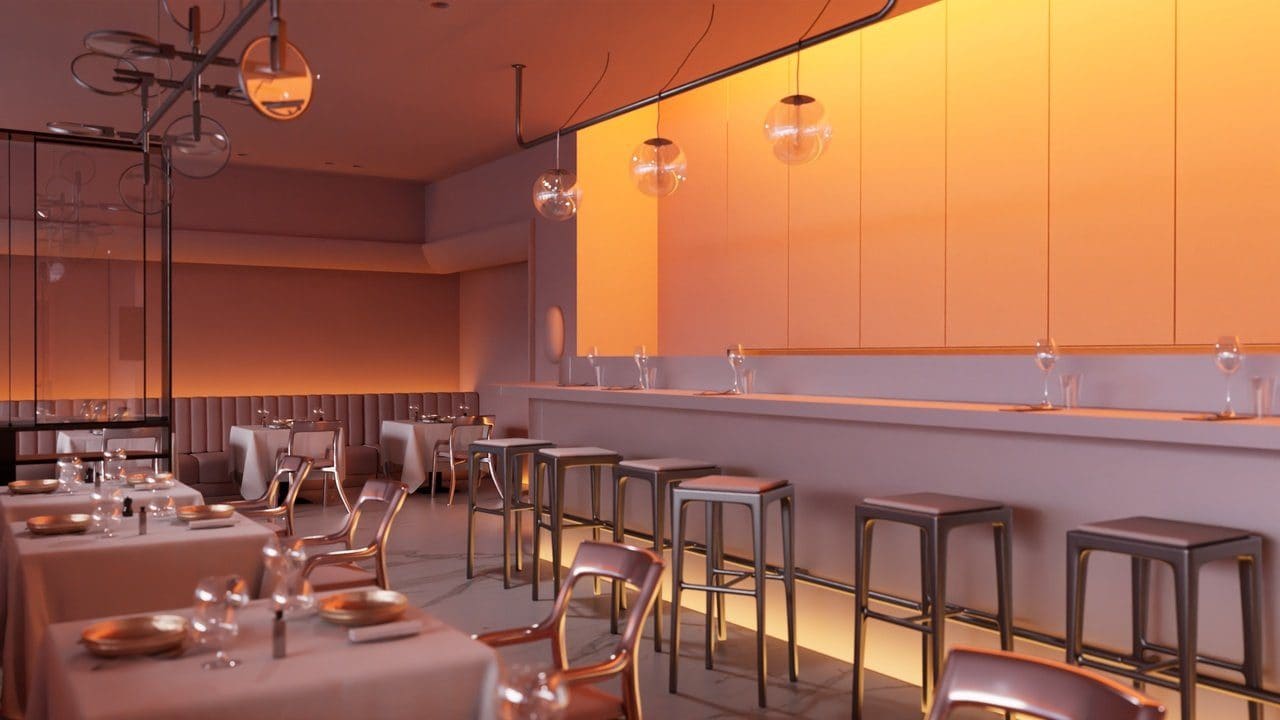 Ember Room Restaurant virtual production standing set — angle 2 on the L.A. & ABQ Castle Studios stage