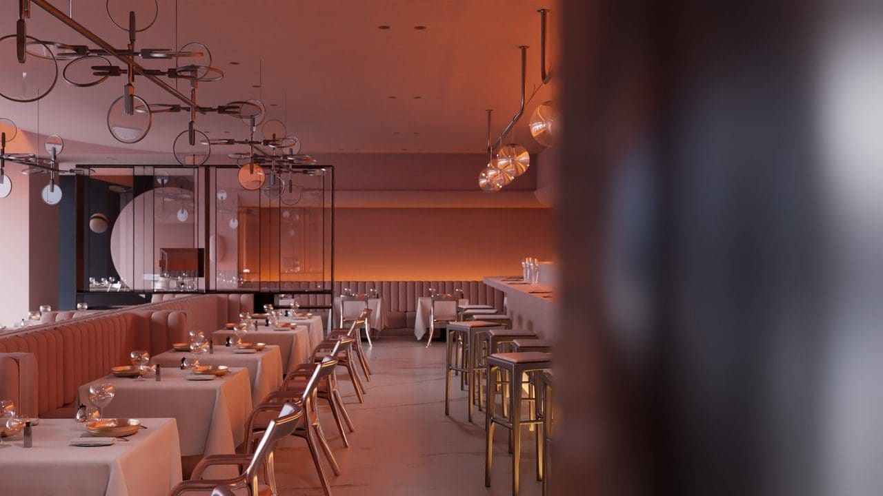 Ember Room Restaurant virtual production standing set — angle 6 on the L.A. & ABQ Castle Studios stage