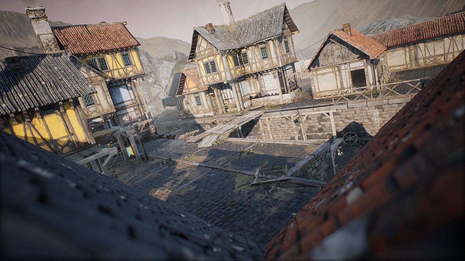 Fantasy & Medieval Village virtual production standing set — angle 2 on the L.A. & ABQ Castle Studios stage