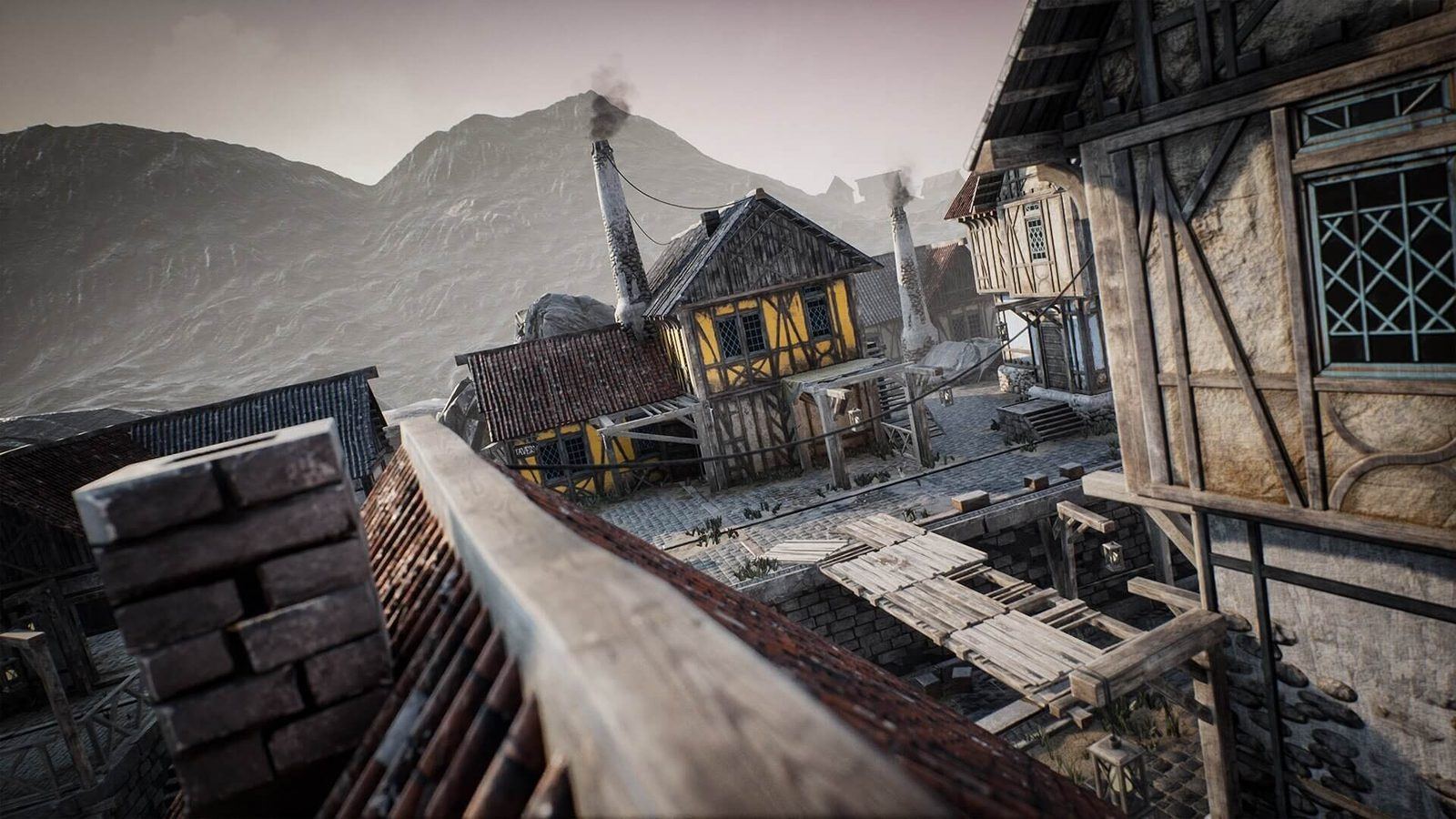 Fantasy & Medieval Village virtual production standing set — angle 3 on the L.A. & ABQ Castle Studios stage